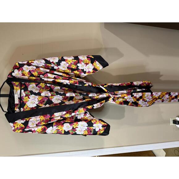 Floral Print Satin Robe with Black Trim Delicates Large - Picture 2 of 7